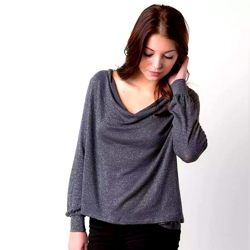 Free People Metallic Shimmer Draped Cowl Neck Long Sleeve Boho Oversized Top S